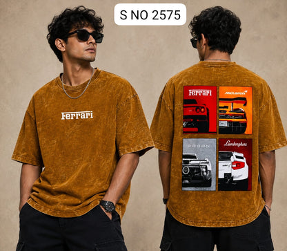 S NO 2575 mustard Ferrari graphic oversized T-shirt front and back